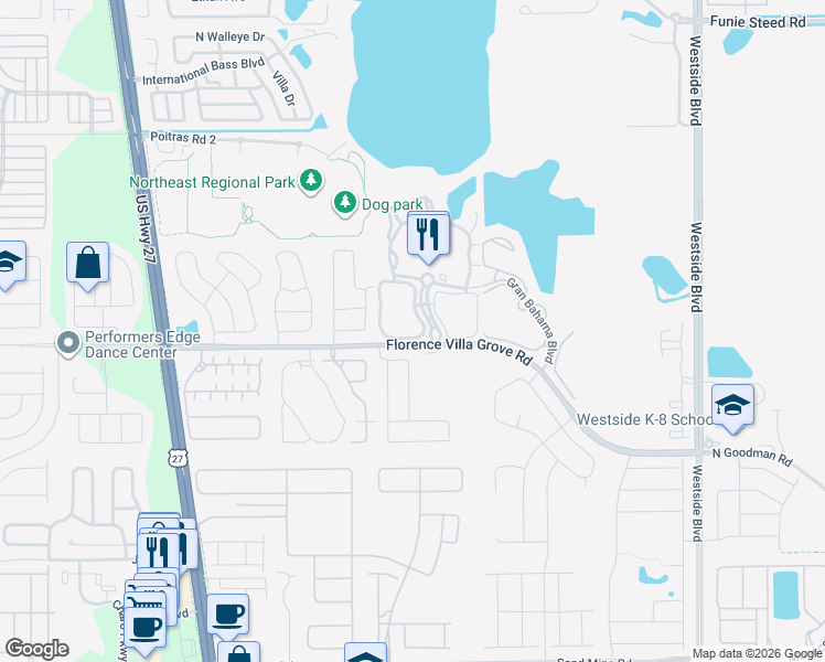 map of restaurants, bars, coffee shops, grocery stores, and more near 606 Lucaya Loop in Davenport