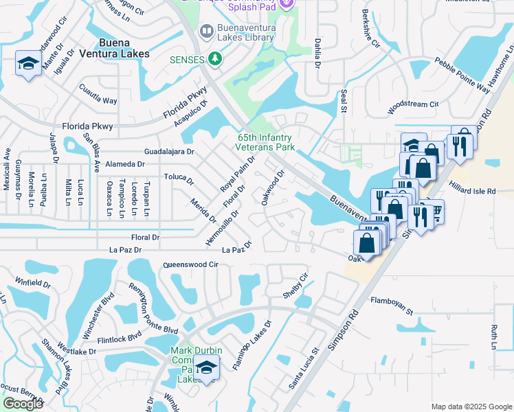 map of restaurants, bars, coffee shops, grocery stores, and more near 10 Silver Falls Circle in Kissimmee