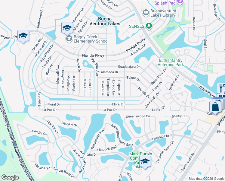 map of restaurants, bars, coffee shops, grocery stores, and more near 131 Loredo Lane in Kissimmee