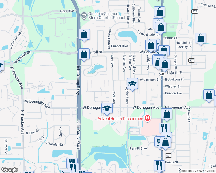 map of restaurants, bars, coffee shops, grocery stores, and more near 2518 Wyatt Place in Kissimmee