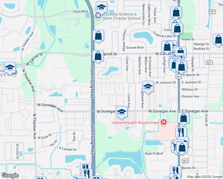 map of restaurants, bars, coffee shops, grocery stores, and more near 2551 Tohope Boulevard in Kissimmee