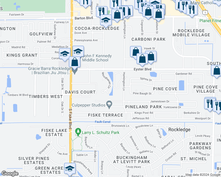 map of restaurants, bars, coffee shops, grocery stores, and more near 1914 Woodhaven Circle in Rockledge