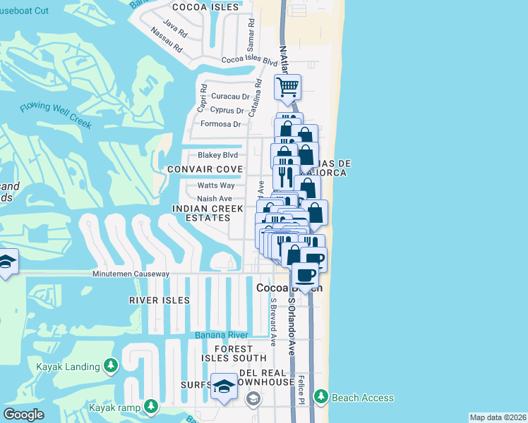 map of restaurants, bars, coffee shops, grocery stores, and more near 290 North 2nd Street in Cocoa Beach