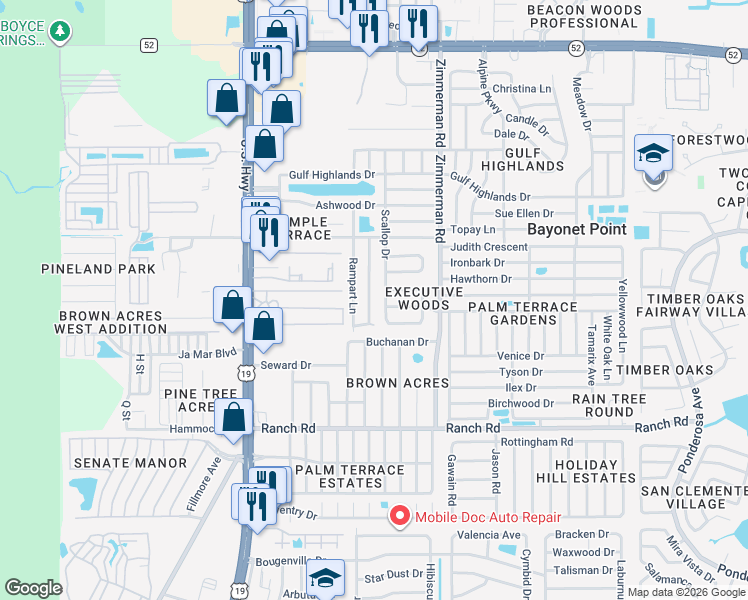 map of restaurants, bars, coffee shops, grocery stores, and more near 11314 Leisure Lane in Port Richey