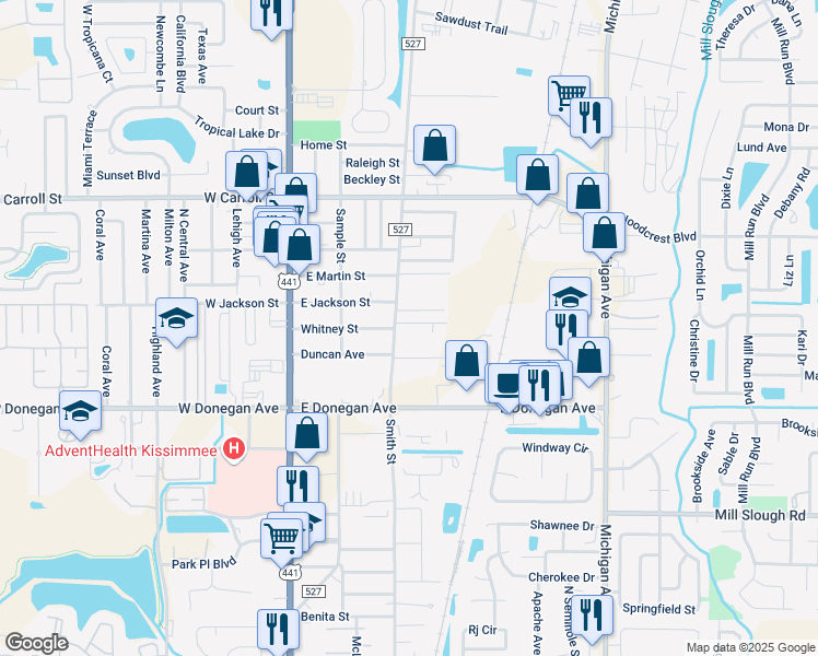 map of restaurants, bars, coffee shops, grocery stores, and more near 2577 Old Dixie Highway in Kissimmee