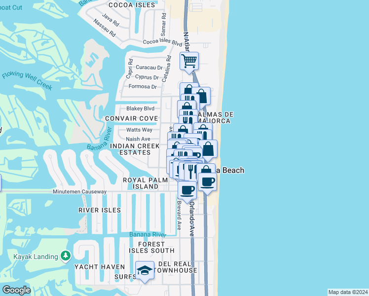 map of restaurants, bars, coffee shops, grocery stores, and more near 195 North Brevard Avenue in Cocoa Beach