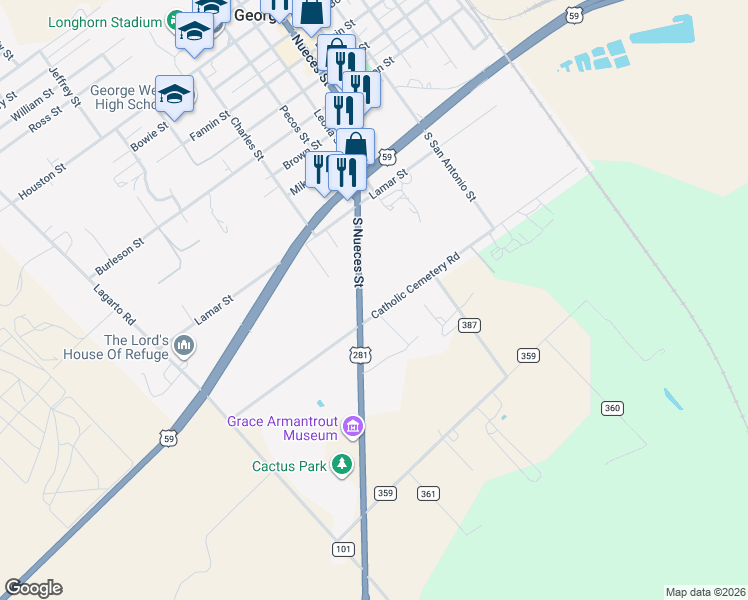 map of restaurants, bars, coffee shops, grocery stores, and more near 997 Catholic Cemetery Road in George West