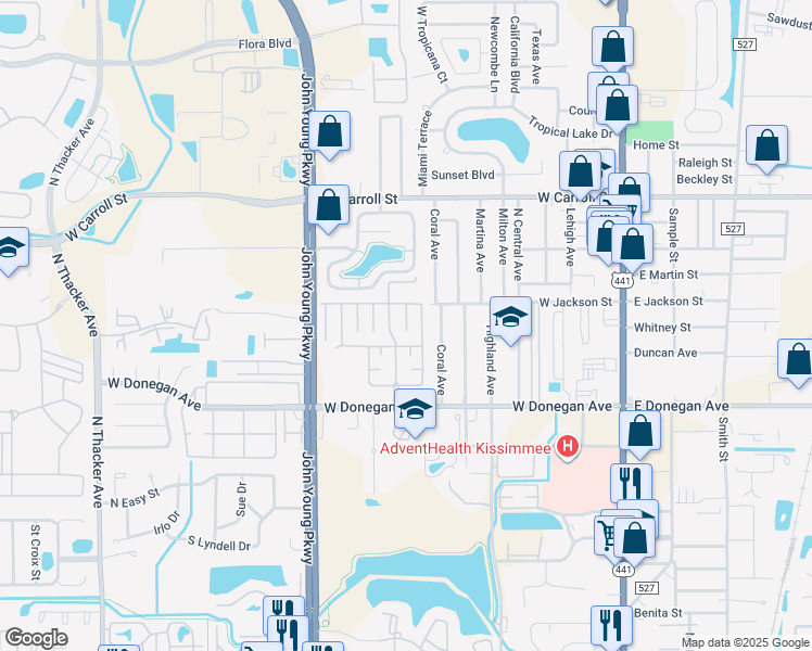 map of restaurants, bars, coffee shops, grocery stores, and more near 2518 Wyatt Place in Kissimmee