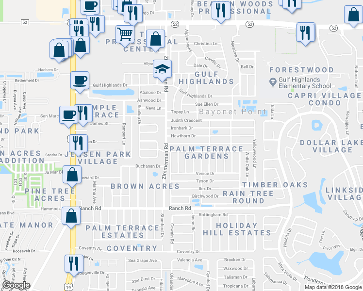 map of restaurants, bars, coffee shops, grocery stores, and more near 7530 Greybirch Terrace in Port Richey