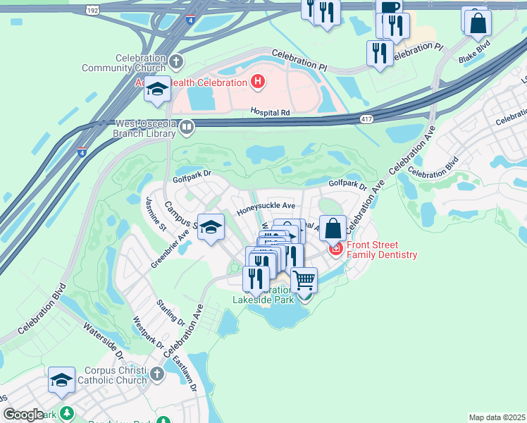 map of restaurants, bars, coffee shops, grocery stores, and more near 415 Water Street in Kissimmee