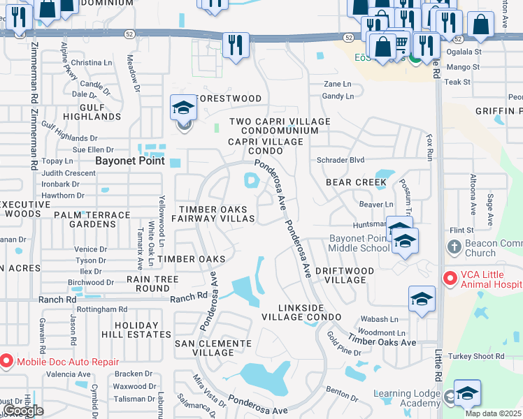 map of restaurants, bars, coffee shops, grocery stores, and more near 8310 High Point Circle in Port Richey
