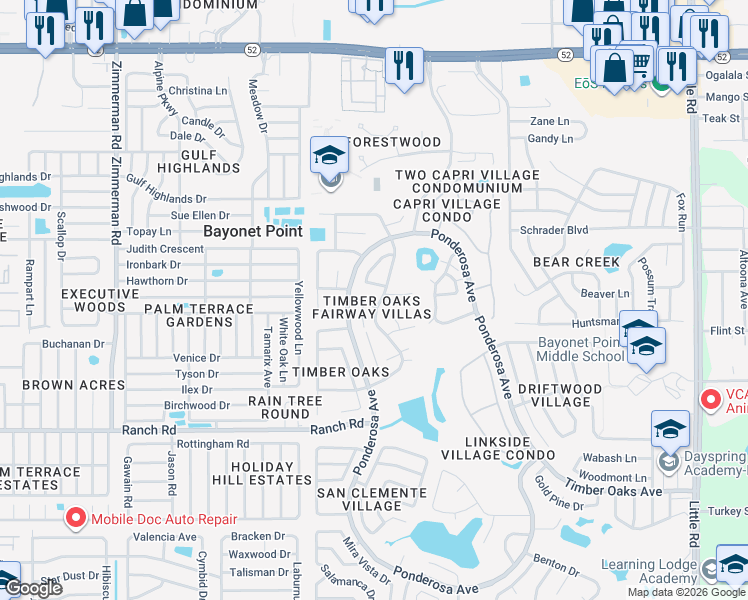 map of restaurants, bars, coffee shops, grocery stores, and more near 8141 Bugle Court in Port Richey