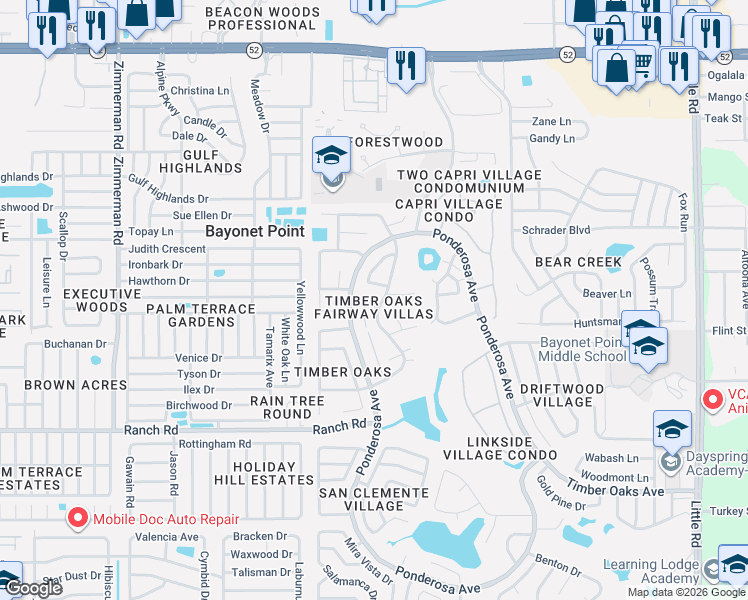 map of restaurants, bars, coffee shops, grocery stores, and more near 8141 Bugle Court in Port Richey