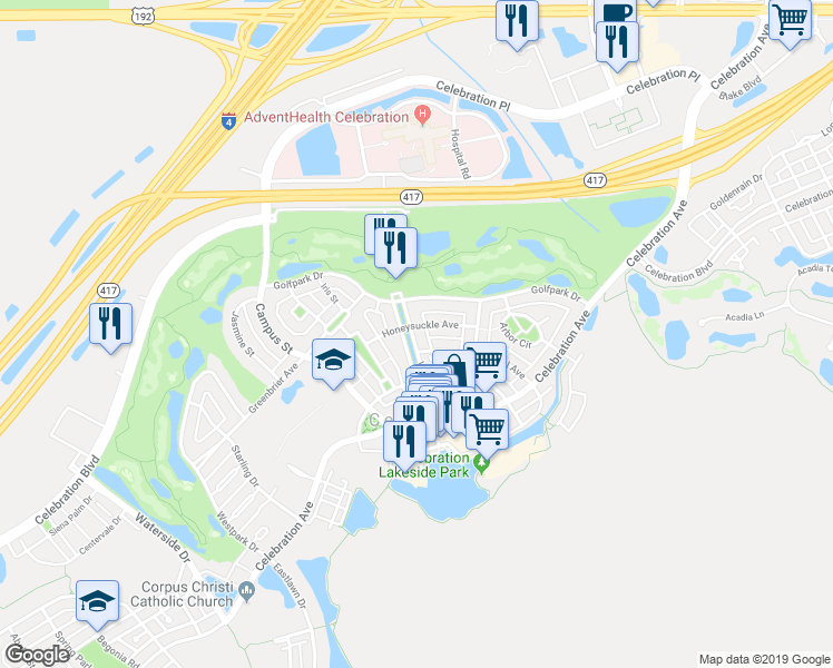 map of restaurants, bars, coffee shops, grocery stores, and more near 447 Water Street in Kissimmee