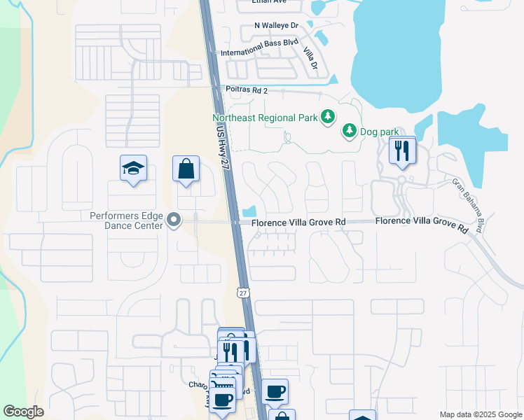 map of restaurants, bars, coffee shops, grocery stores, and more near 111 Lake Davenport Estates Drive in Davenport