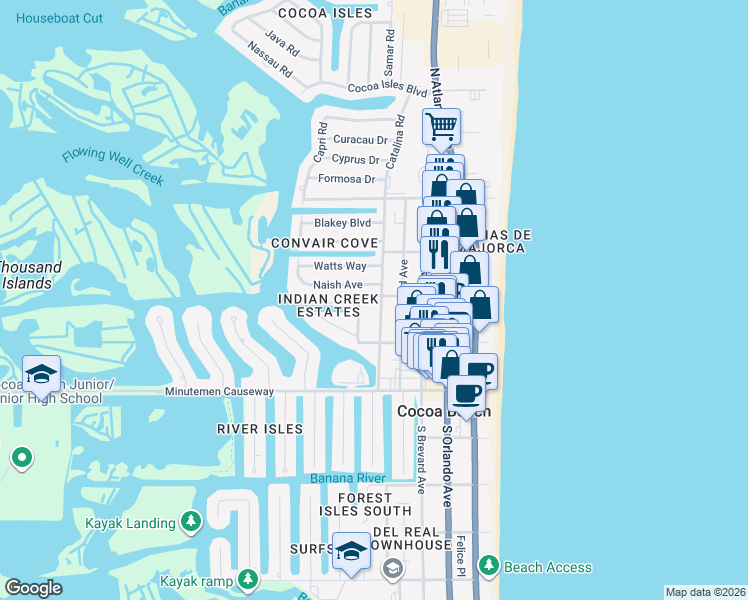 map of restaurants, bars, coffee shops, grocery stores, and more near 150 Cedar Avenue in Cocoa Beach