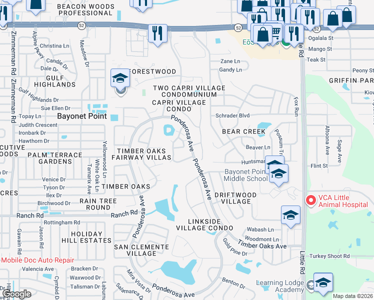 map of restaurants, bars, coffee shops, grocery stores, and more near 11247 Ponderosa Avenue in Port Richey