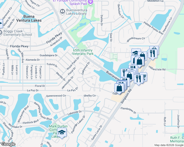 map of restaurants, bars, coffee shops, grocery stores, and more near 17 Lago Mesa Way in Kissimmee