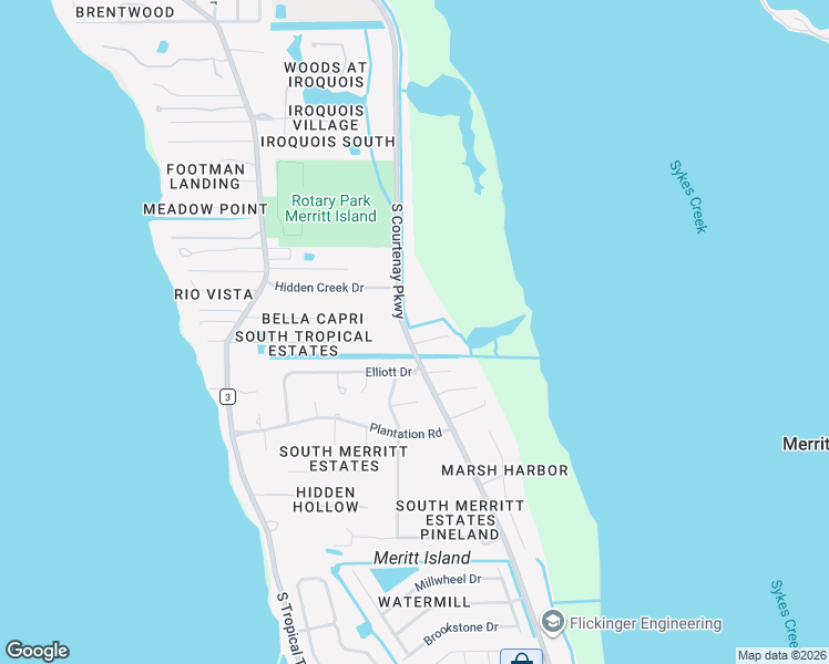 map of restaurants, bars, coffee shops, grocery stores, and more near 2084 South Courtenay Parkway in Merritt Island