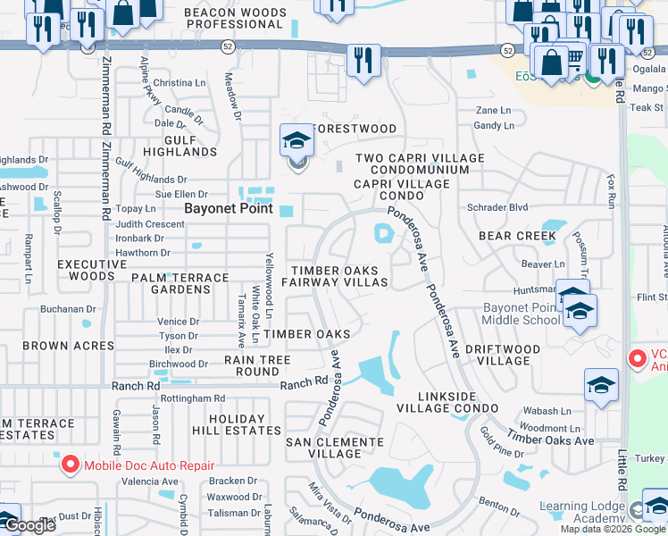 map of restaurants, bars, coffee shops, grocery stores, and more near 8141 Bugle Court in Port Richey