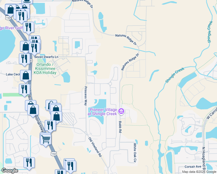 map of restaurants, bars, coffee shops, grocery stores, and more near 2590 Shanti Drive in Kissimmee