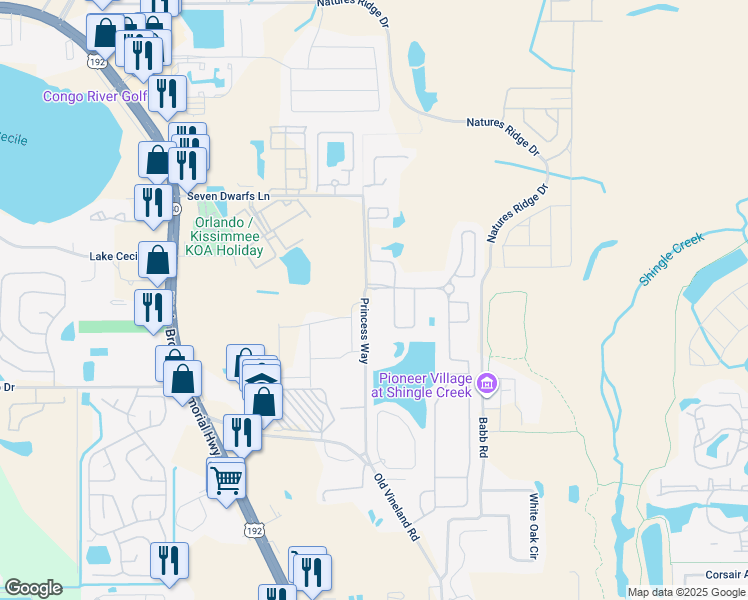 map of restaurants, bars, coffee shops, grocery stores, and more near 2597 Princess Way in Kissimmee