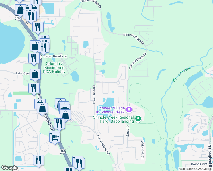 map of restaurants, bars, coffee shops, grocery stores, and more near 2545 Dharma Circle in Kissimmee