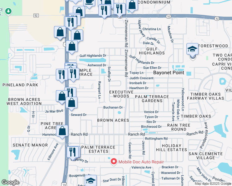 map of restaurants, bars, coffee shops, grocery stores, and more near 7415 Foxbloom Drive in Port Richey