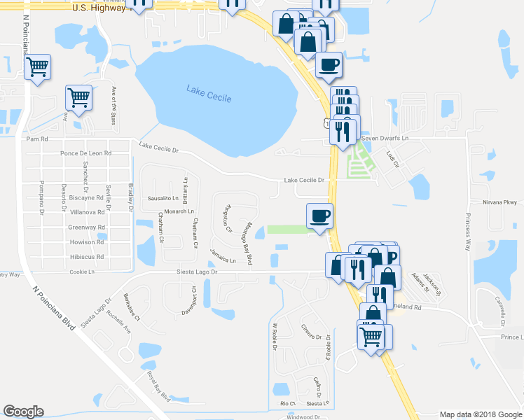 map of restaurants, bars, coffee shops, grocery stores, and more near 2565 Montego Bay Boulevard in Kissimmee