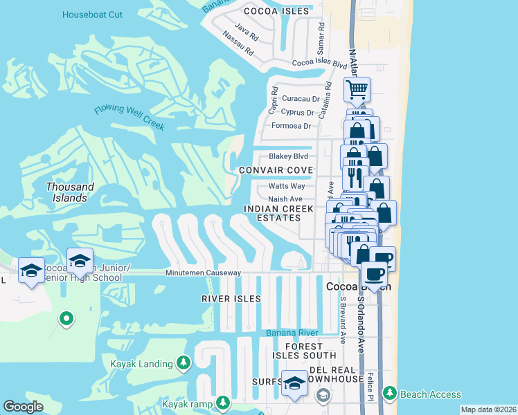 map of restaurants, bars, coffee shops, grocery stores, and more near 498 Indian Creek Drive in Cocoa Beach