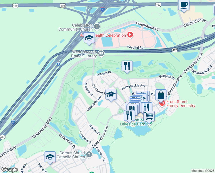 map of restaurants, bars, coffee shops, grocery stores, and more near 414 Greenbrier Avenue in Kissimmee