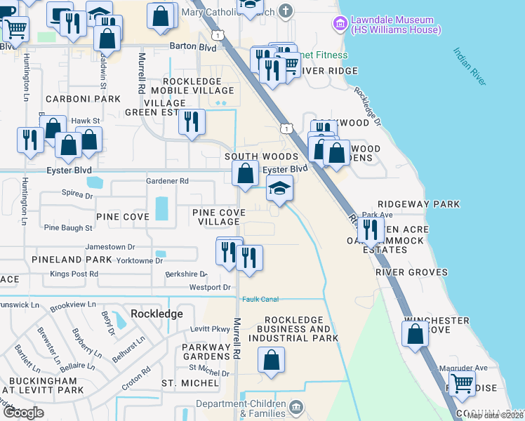 map of restaurants, bars, coffee shops, grocery stores, and more near 555 Solutions Way in Rockledge