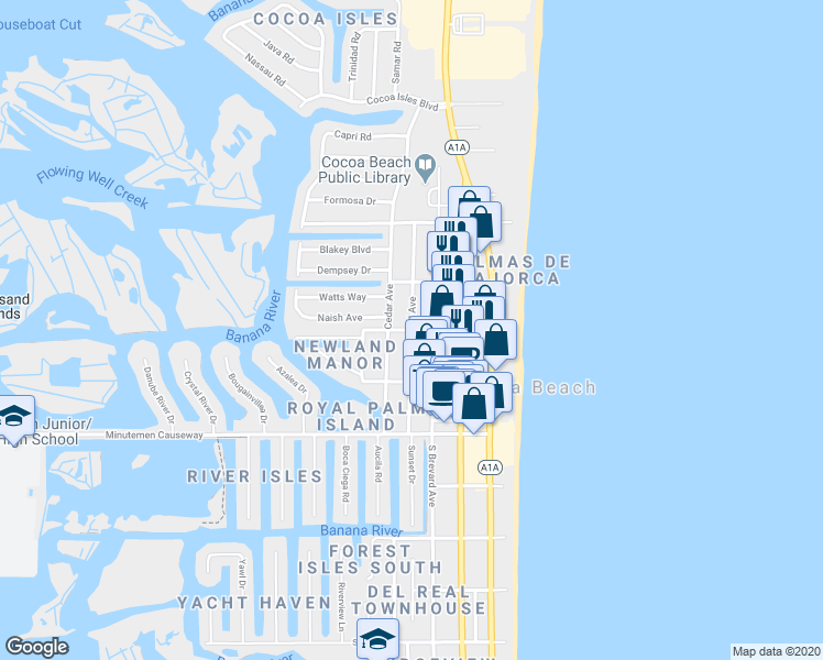 map of restaurants, bars, coffee shops, grocery stores, and more near 299 North 2nd Street in Cocoa Beach