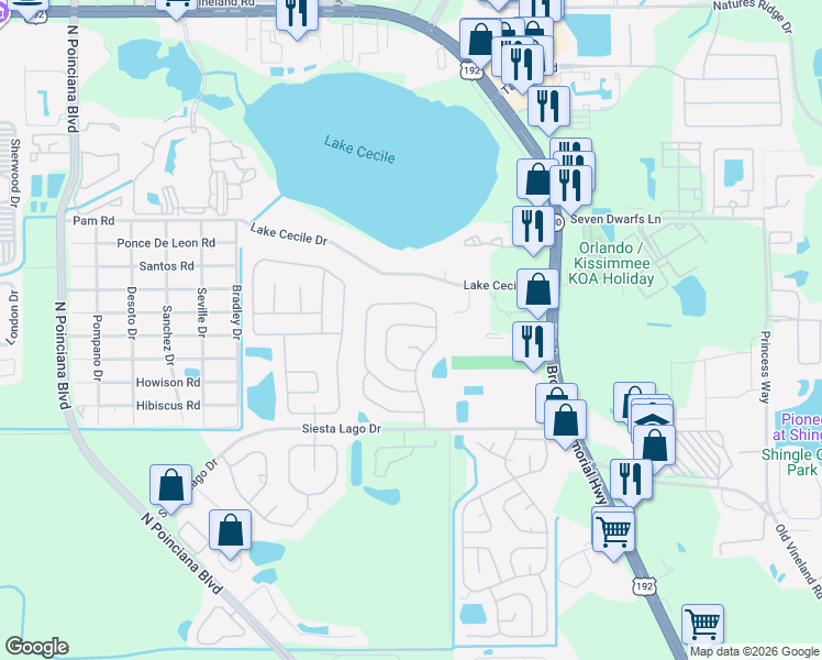 map of restaurants, bars, coffee shops, grocery stores, and more near 4827 Kingston Circle in Kissimmee