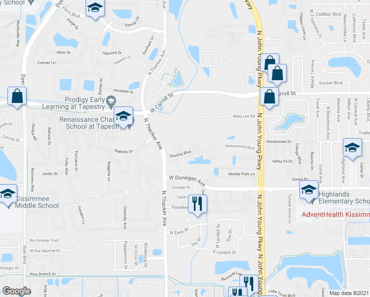 map of restaurants, bars, coffee shops, grocery stores, and more near 1703 Destiny Boulevard in Kissimmee
