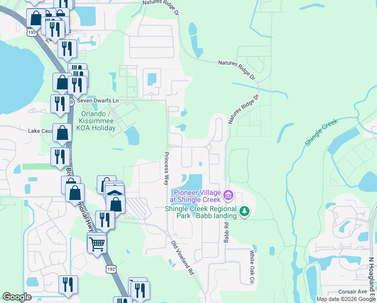 map of restaurants, bars, coffee shops, grocery stores, and more near 2545 Dharma Circle in Kissimmee
