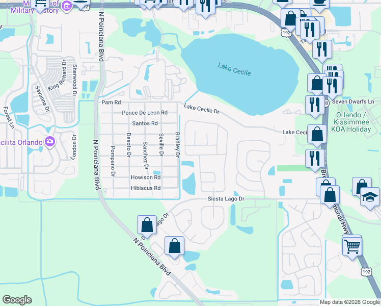 map of restaurants, bars, coffee shops, grocery stores, and more near 2681 Chatham Circle in Kissimmee