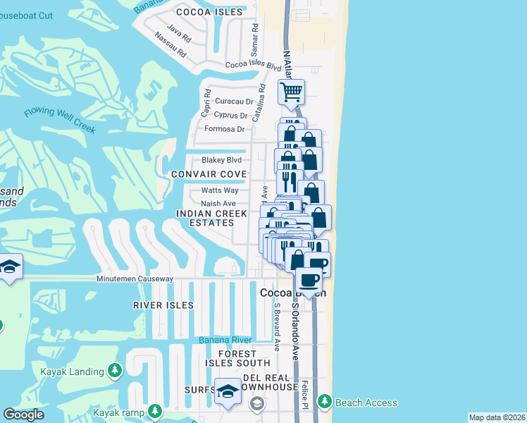 map of restaurants, bars, coffee shops, grocery stores, and more near 200 Woodland Avenue in Cocoa Beach