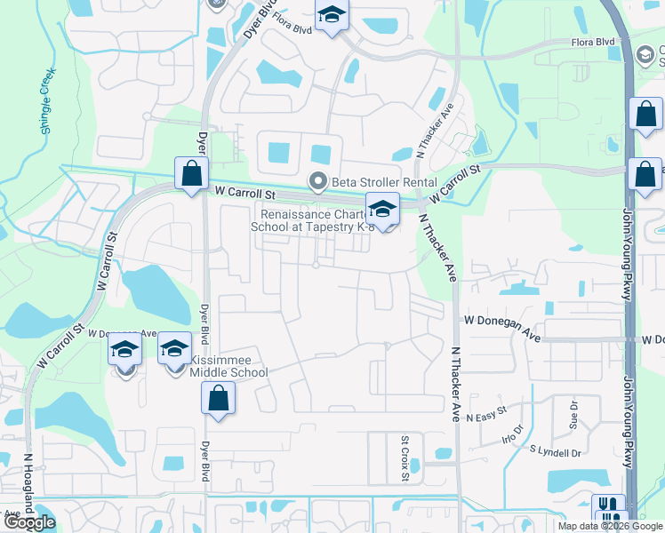 map of restaurants, bars, coffee shops, grocery stores, and more near 2304 Rapollo Drive in Kissimmee