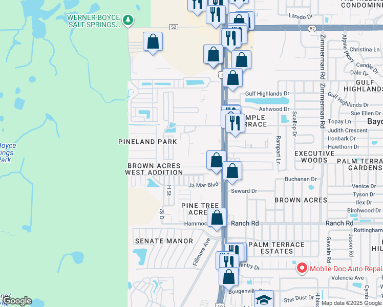 map of restaurants, bars, coffee shops, grocery stores, and more near 6735 Sandra Drive in Port Richey