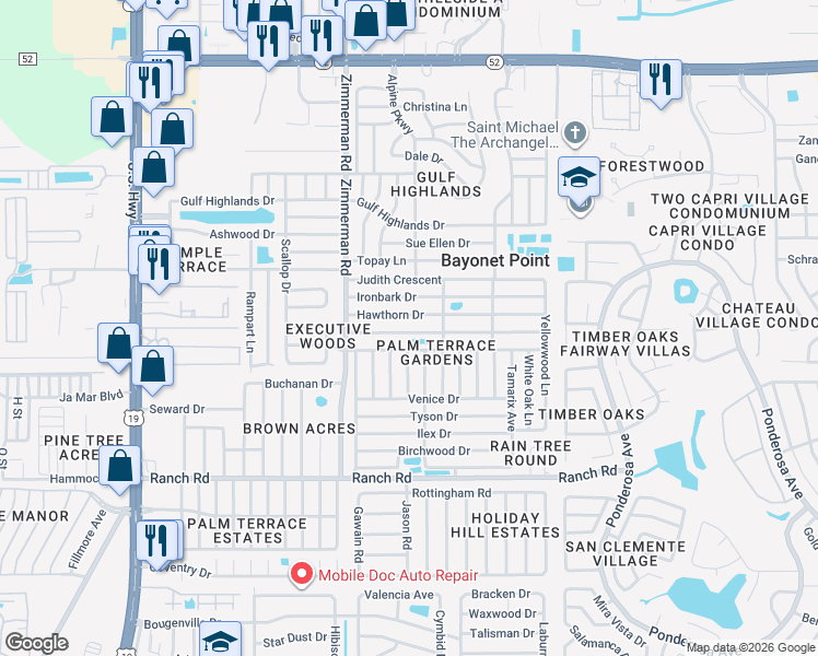 map of restaurants, bars, coffee shops, grocery stores, and more near 7611 Foxbloom Drive in Port Richey