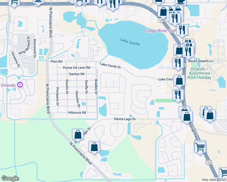 map of restaurants, bars, coffee shops, grocery stores, and more near 4908 Monarch Lane in Kissimmee
