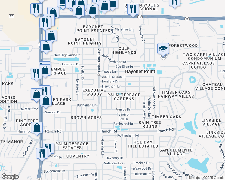 map of restaurants, bars, coffee shops, grocery stores, and more near 7605 Greybirch Terrace in Port Richey
