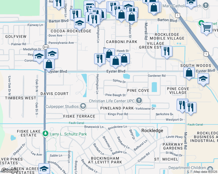 map of restaurants, bars, coffee shops, grocery stores, and more near 895 Wandering Pine Trail in Rockledge