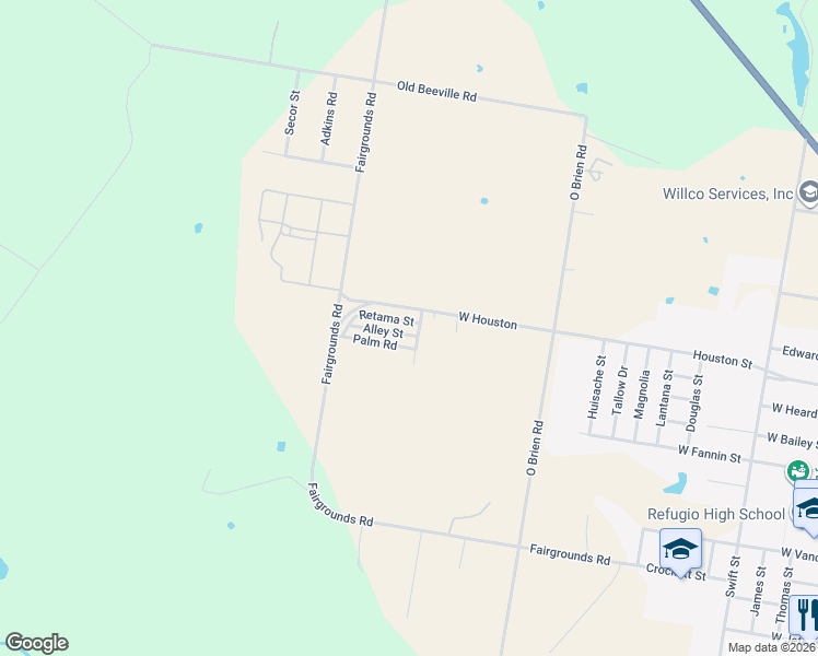 map of restaurants, bars, coffee shops, grocery stores, and more near 107 Palm Road in Refugio