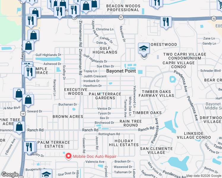 map of restaurants, bars, coffee shops, grocery stores, and more near 7741 Foxbloom Drive in Port Richey