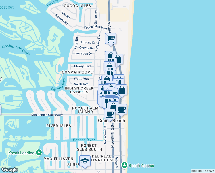 map of restaurants, bars, coffee shops, grocery stores, and more near 195 North Brevard Avenue in Cocoa Beach