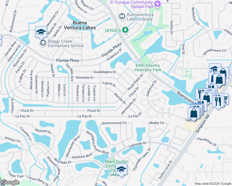 map of restaurants, bars, coffee shops, grocery stores, and more near 127 Leon Court in Kissimmee