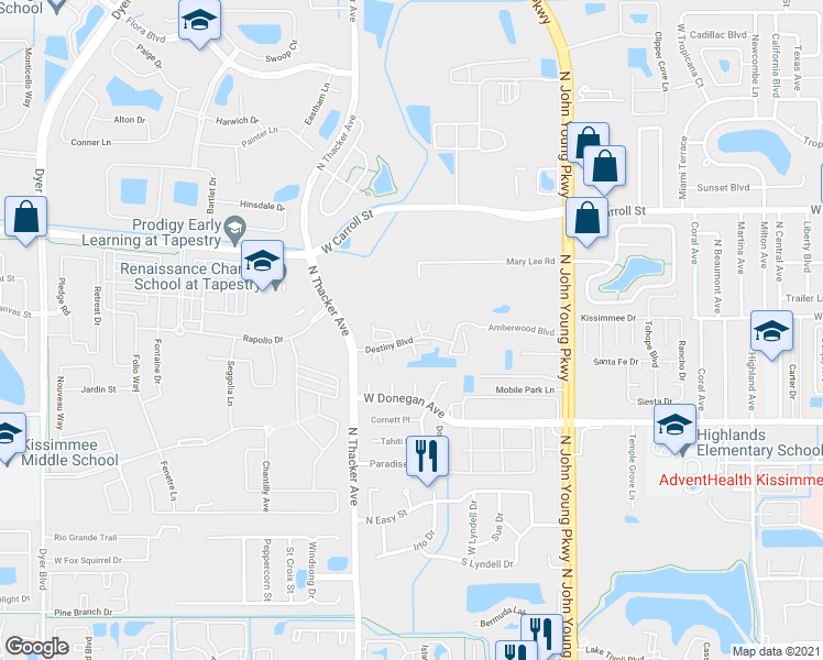 map of restaurants, bars, coffee shops, grocery stores, and more near 1804 Destiny Boulevard in Kissimmee