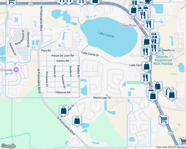 map of restaurants, bars, coffee shops, grocery stores, and more near 4908 Monarch Lane in Kissimmee